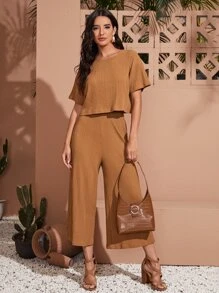 SHEIN LUNE 落肩素色打褶上衣和寬管褲子套裝 - 棕色 - 查看 3