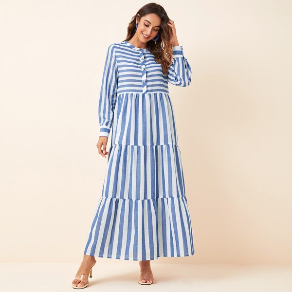 

Two Tone Striped Half Placket Front Tiered Hem Dress, Blue and white