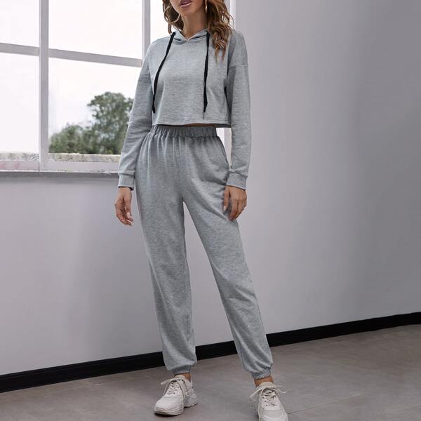

Drop Shoulder Drawstring Hoodie & Sweatpants Set, Grey