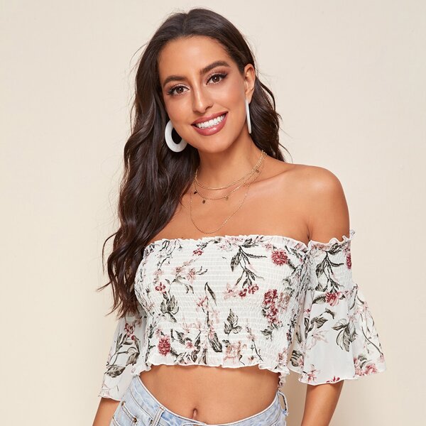 

Floral Frill Trim Shirred Bardot Top, White