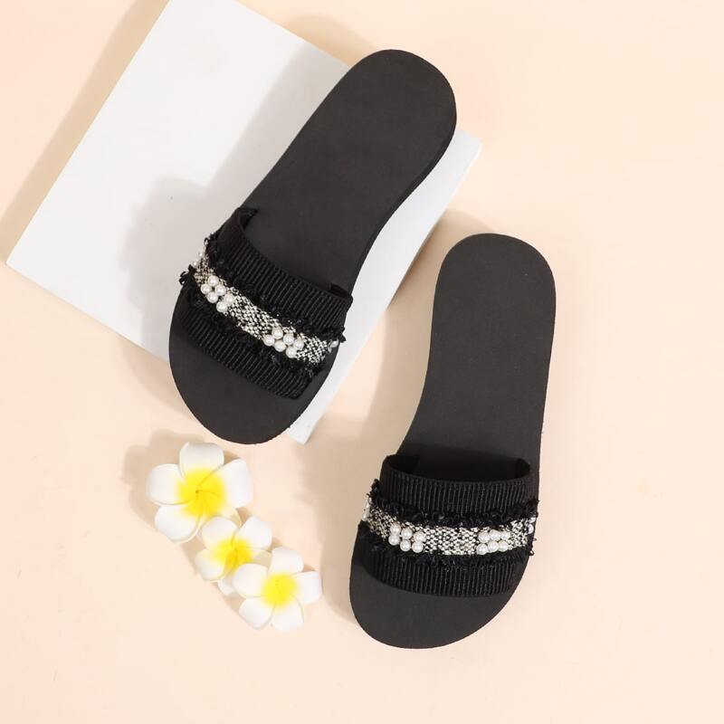 

Faux Pearl Decor Thick Soled Slides, Black
