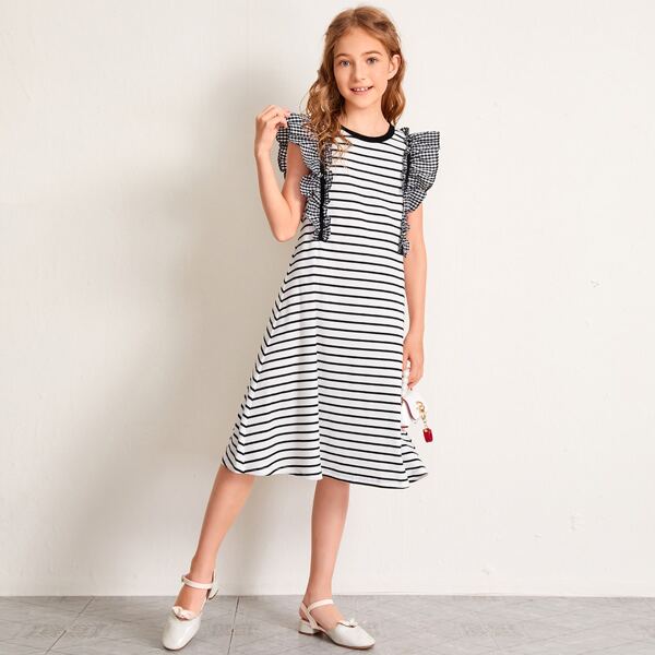 

Girls Gingham Ruffle Armhole Striped Dress, White