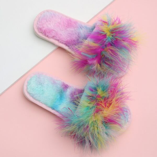 

Open Toe Colorful Faux Fur Slippers, Multicolor