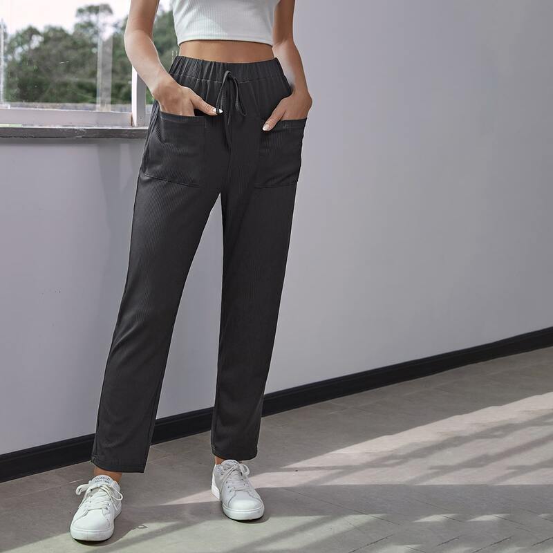 

Knot Waist Patch Pocket Straight Leg Pants, Black