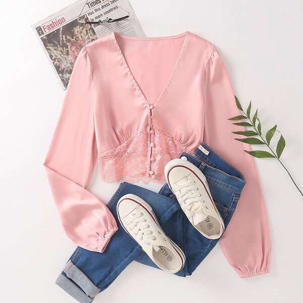 

Lace Panel Button Front Satin Blouse, Baby pink