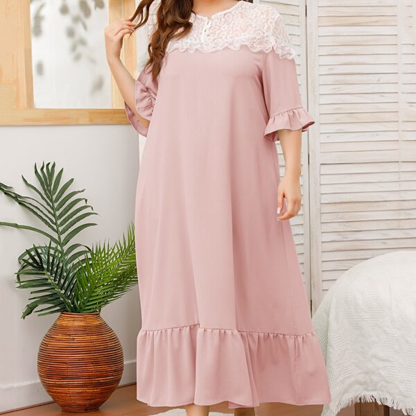 

Plus Contrast Lace Ruffle Hem Night Dress, Baby pink