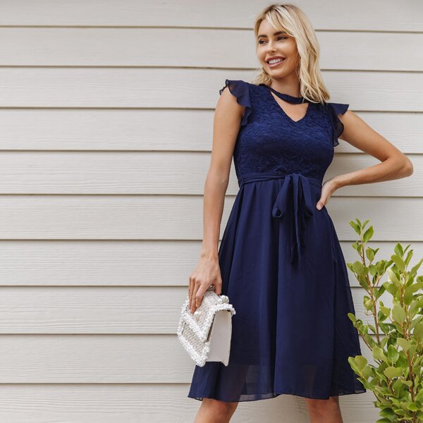 

Keyhole Neck Ruffle Armhole Lace Bodice Belted Chiffon Dress, Navy blue
