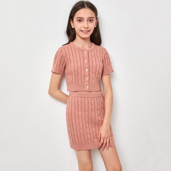 

Girls Button Placket Cable Knit Top & Split Hem Skirt Set, Dusty pink