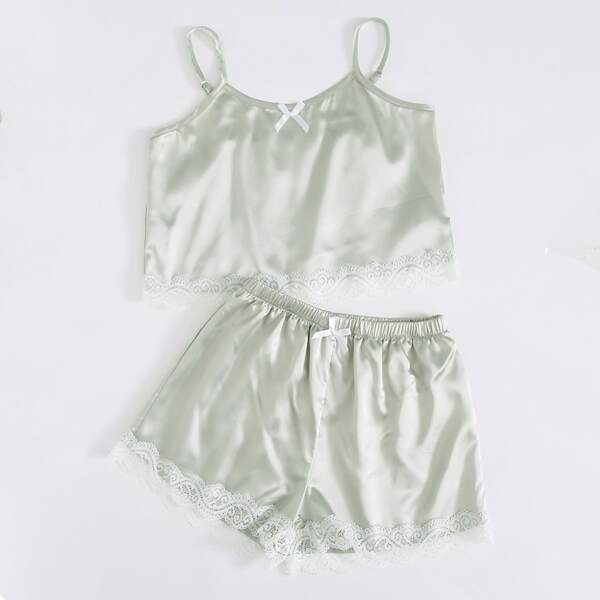 

Girls Satin Little Bow Lace Panel PJ Set, Pastel mint green
