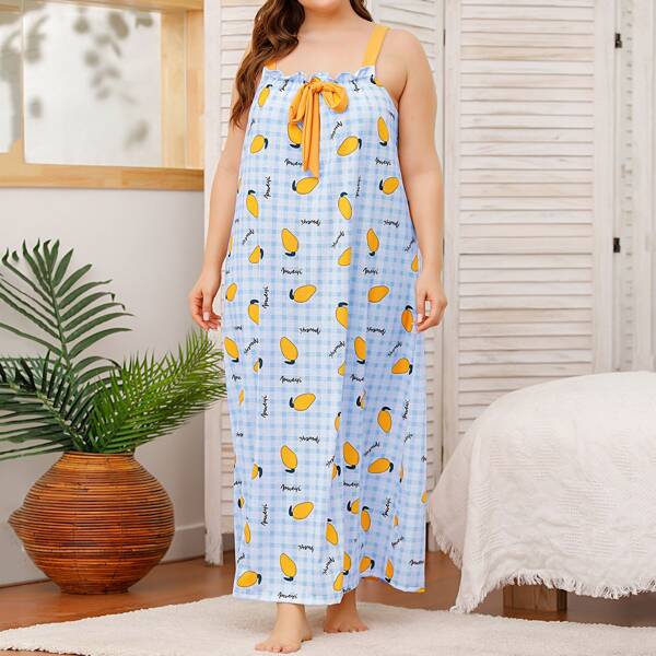 

Plus Letter Graphic Gingham Slip Dress, Blue and white