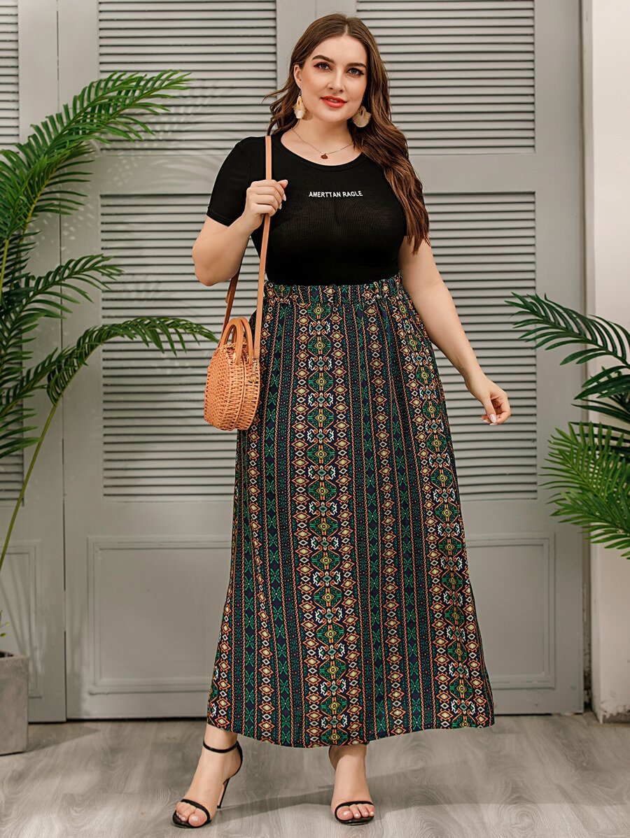 SHEIN Holidaya Plus Geo Print A-line Skirt - Multicolor - View 1