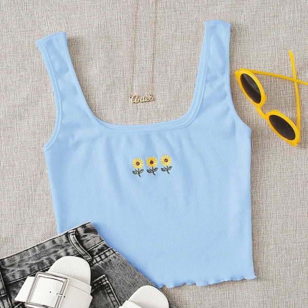 

Sunflower Embroidered Lettuce Trim Tank Top, Pastel baby blue