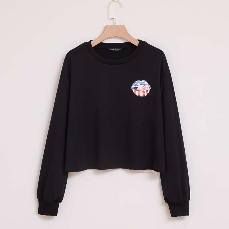 

Lip & Flag Print Drop Shoulder Sweatshirt, Black