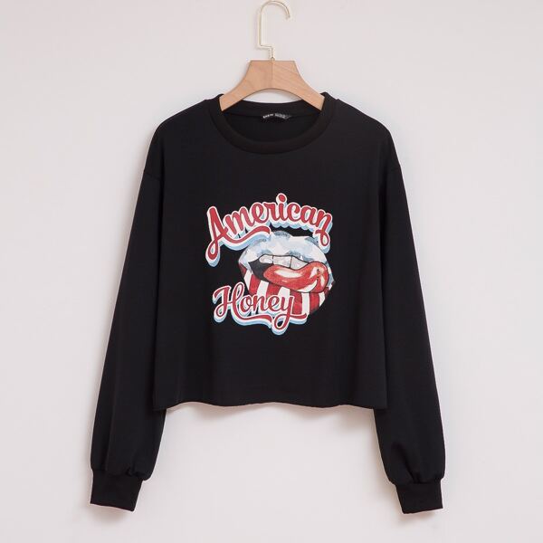 

Letter & Lip Print Drop Shoulder Sweatshirt, Black