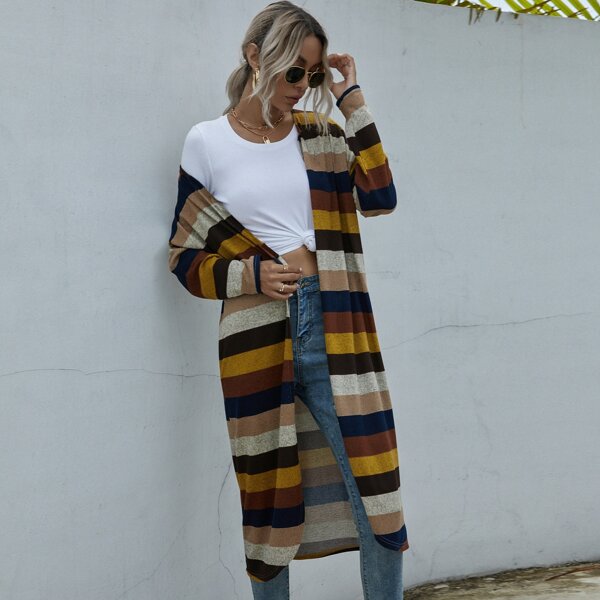 

Striped Open Front Longline Coat, Multicolor