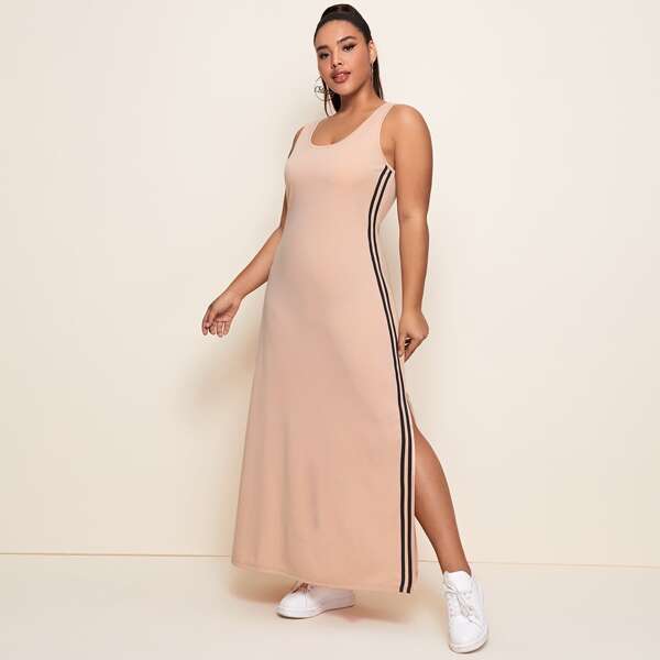 

Plus Side Striped Split Hem Tank Dress, Baby pink