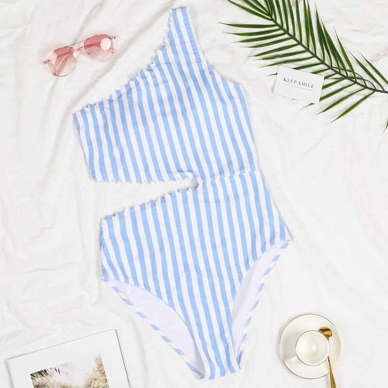 

Striped Cut-out One Shoulder One Piece Swimsuit, Blue and white