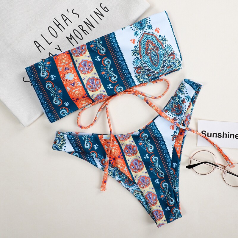 

Tribal Bandeau High Leg Bikini Swimsuit, Multicolor
