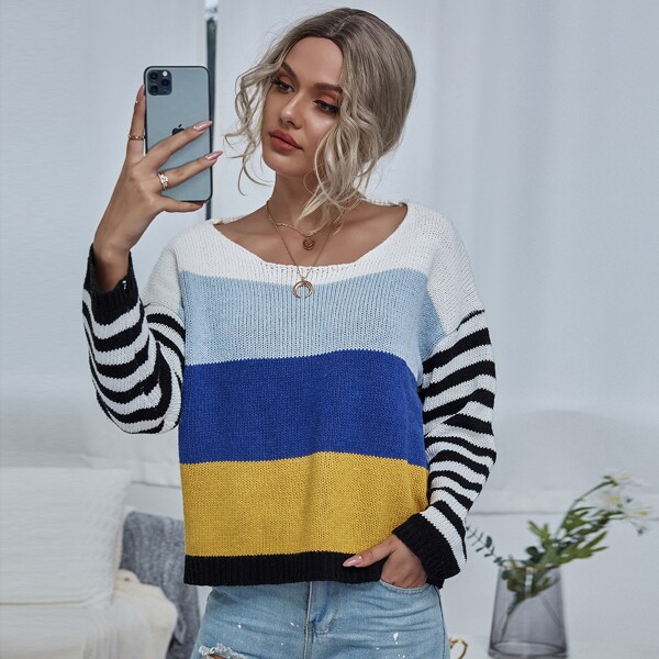 

Drop Shoulder Colorblock Striped Sweater, Multicolor