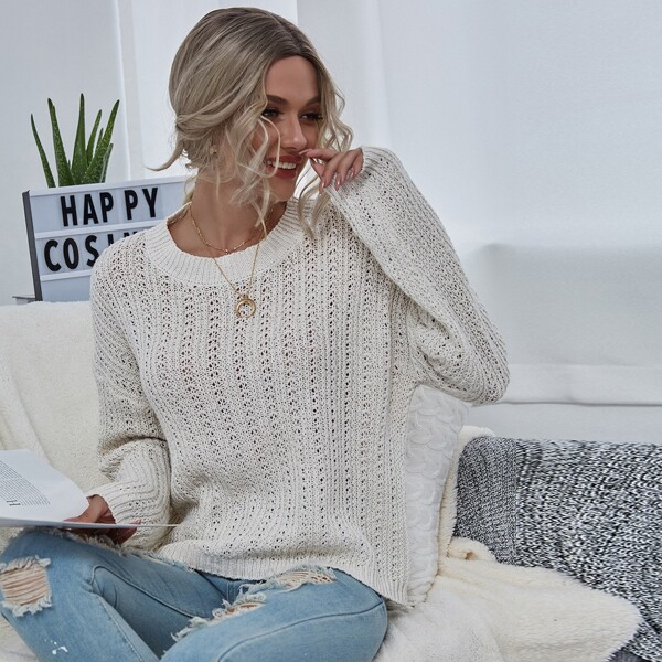 

Drop Shoulder Pointelle Knit Sweater, White