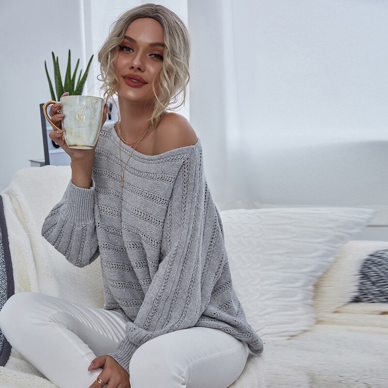 

Batwing Sleeve Pointelle Knit Sweater, Grey