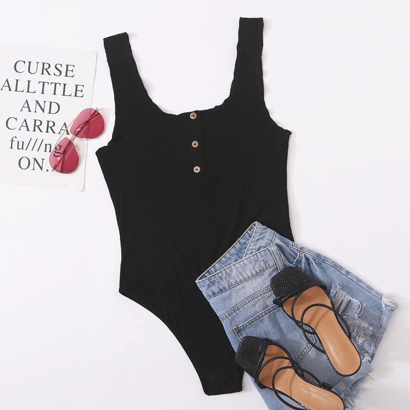 

Button Front Tank Bodysuit, Black
