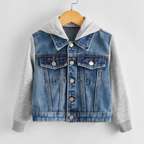 

Toddler Boys Contrast Panel Hooded Denim Jacket, Medium wash