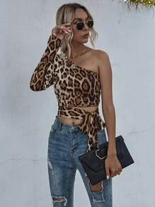 Top De Lona A Un Solo Hombro Con Estampado De Leopardo Y Nudo En El Lateral - Multicolor - Ver 1