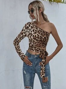 Top De Lona A Un Solo Hombro Con Estampado De Leopardo Y Nudo En El Lateral - Multicolor - Ver 3
