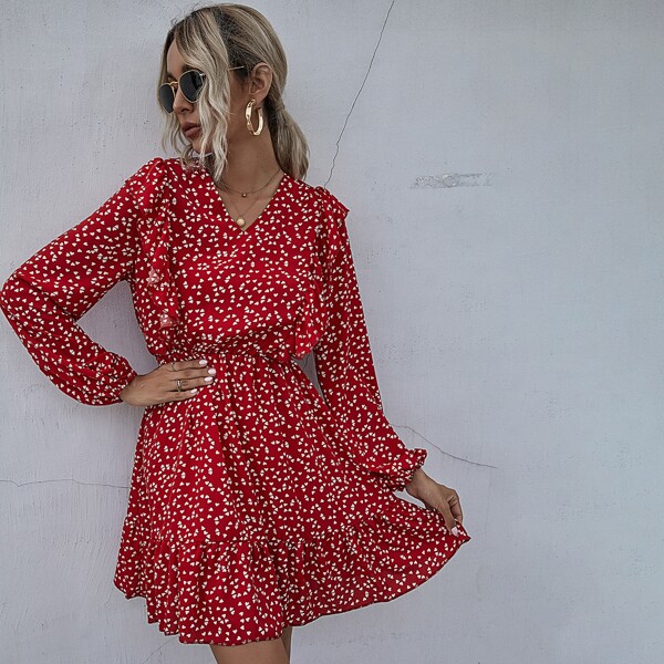 

Confetti Heart Print Ruffle Trim A-line Dress, Red