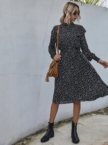 Confetti Heart Print Ruffle Trim A-line Dress - Black - View 1