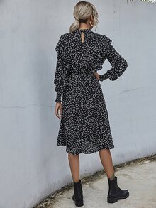 Confetti Heart Print Ruffle Trim A-line Dress - Black - View 2