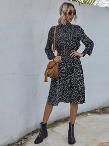 Confetti Heart Print Ruffle Trim A-line Dress - Black - View 3