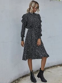Confetti Heart Print Ruffle Trim A-line Dress - Black - View 4