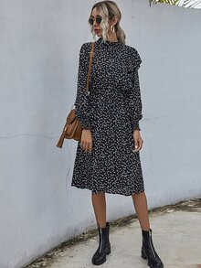 Confetti Heart Print Ruffle Trim A-line Dress - Black - View 5