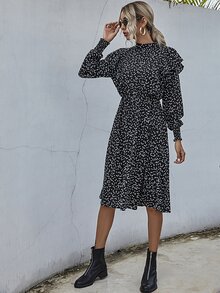Confetti Heart Print Ruffle Trim A-line Dress - Black - View 7