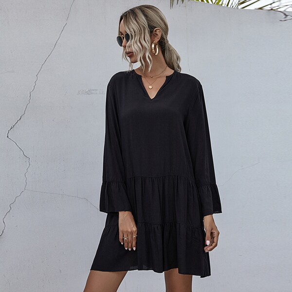 

Solid Notch Collar Smock Dress, Black