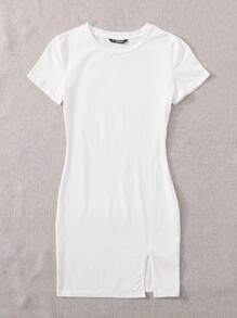 SHEIN EZwear Split Hem Solid Dress - White - View 4