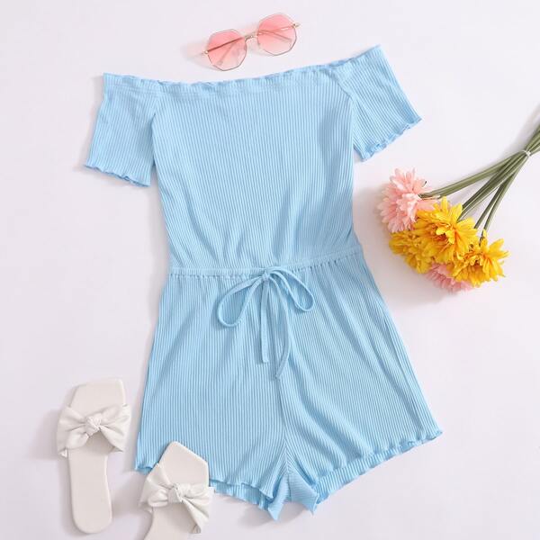 

Off Shoulder Lettuce Trim Rib-knit Romper, Pastel baby blue