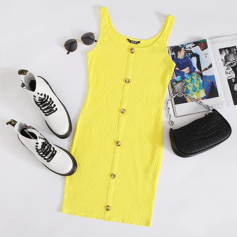 

Button Front Rib-knit Bodycon Dress, Yellow bright