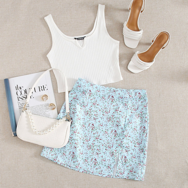 

Notch Neck Rib-knit Tank Top & Split Hem Ditsy Floral Skirt Set, Multicolor