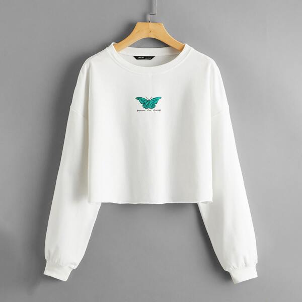 

Drop Shoulder Butterfly & Slogan Print Pullover, White