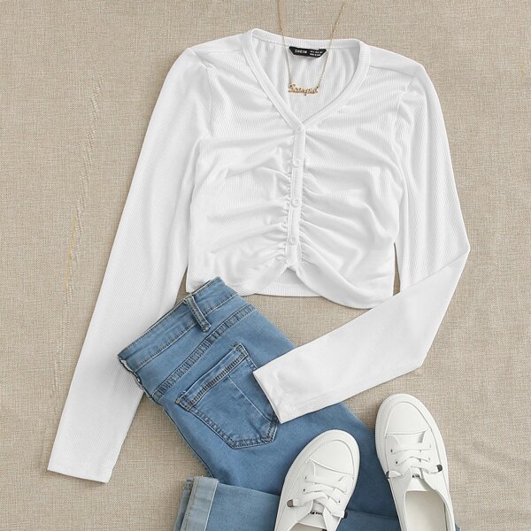 

Buttoned Front Ruched Crop Top, White