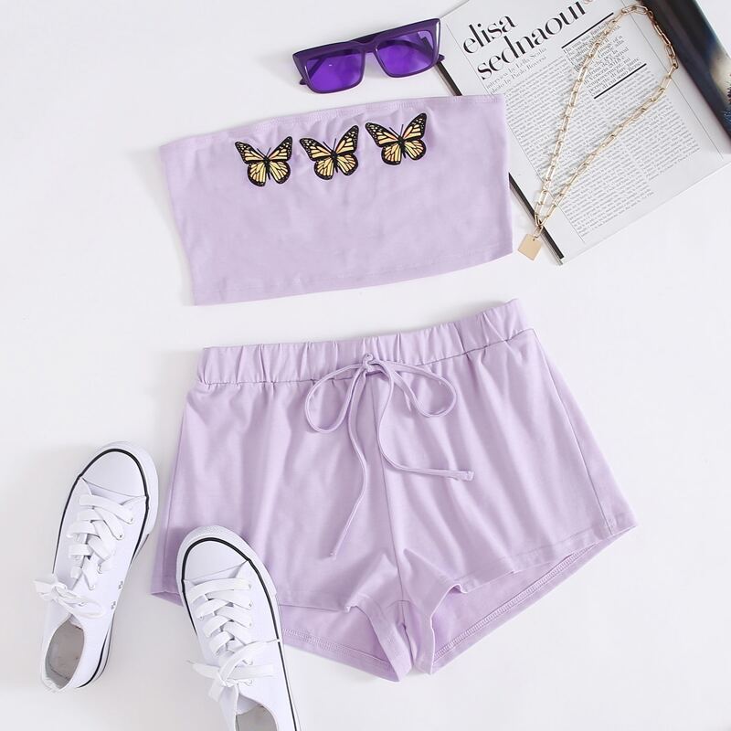 

Butterfly Print Bandeau Top & Knot Waist Shorts Set, Lilac purple