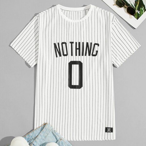 

Men Patched Detail Letter Graphic Striped Tee, White