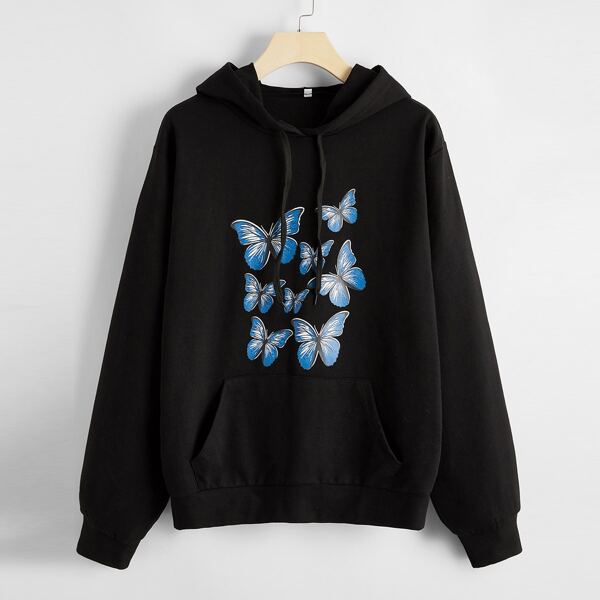

Butterfly Print Kangaroo Pocket Drawstring Hoodie, Black