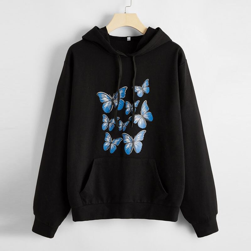 

Kangaroo Pocket Butterfly Print Hoodie, Black