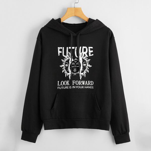 

Slogan Graphic Kangaroo Pocket Drawstring Hoodie, Black