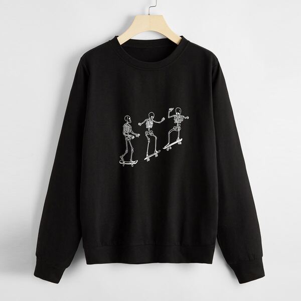 

Skull Print Round Neck Sweatshirt, Black