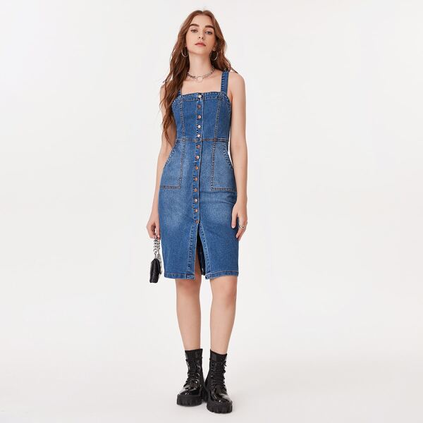 

Button Front Slant Pocket Split Hem Cami Denim Dress, Medium wash